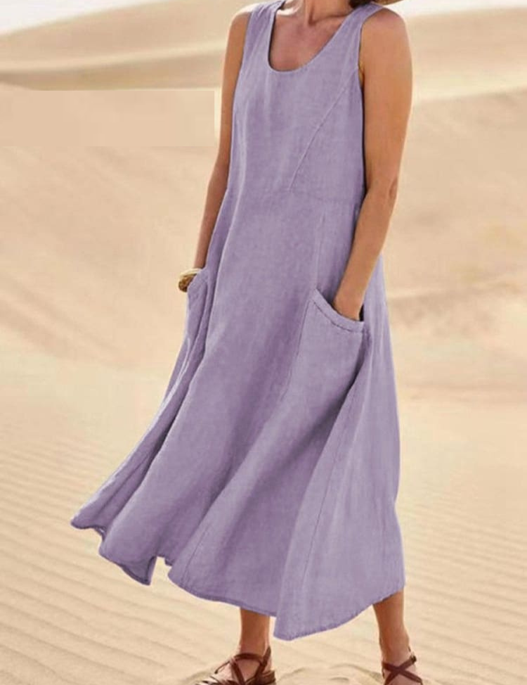 Sleeveless A-line midi dress for women with pockets