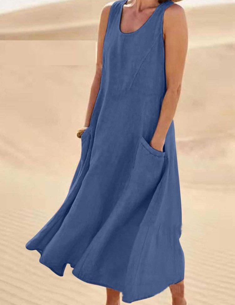 Sleeveless A-line midi dress for women with pockets