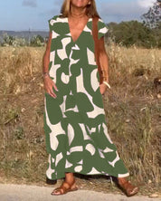 Ärmelloses Maxikleid für Damen mit V-Ausschnitt und Seitentaschen