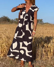 Ärmelloses Maxikleid für Damen mit V-Ausschnitt und Seitentaschen
