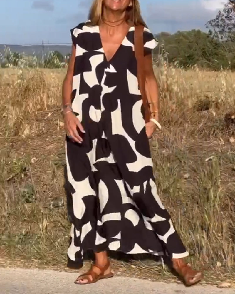Ärmelloses Maxikleid für Damen mit V-Ausschnitt und Seitentaschen