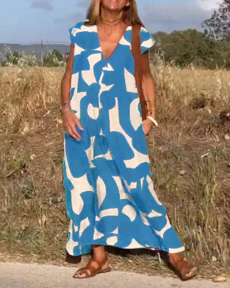 Ärmelloses Maxikleid für Damen mit V-Ausschnitt und Seitentaschen