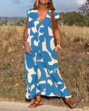 Ärmelloses Maxikleid für Damen mit V-Ausschnitt und Seitentaschen