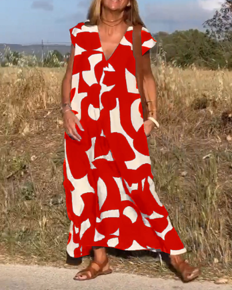 Ärmelloses Maxikleid für Damen mit V-Ausschnitt und Seitentaschen