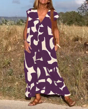 Ärmelloses Maxikleid für Damen mit V-Ausschnitt und Seitentaschen