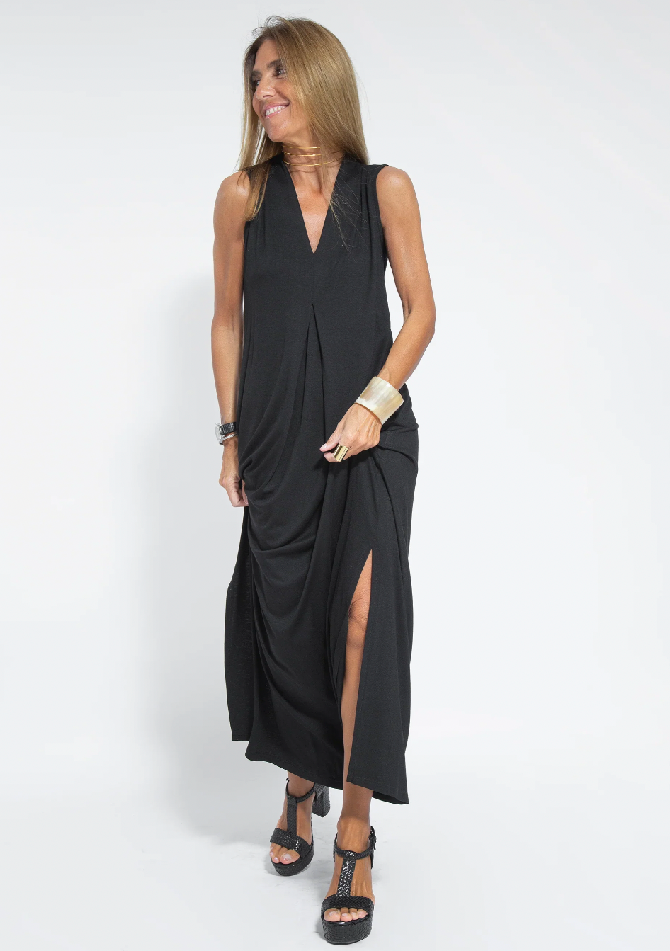 Ärmelloses Maxikleid mit V-Ausschnitt und Seitenschlitzen für Frauen