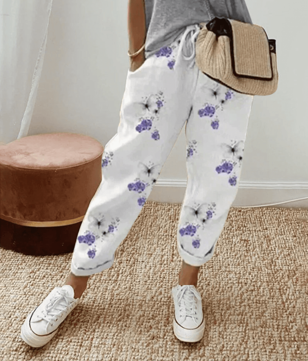 Bedruckte Damenhose mit Kordelzug, lockerer Passform und Taschen