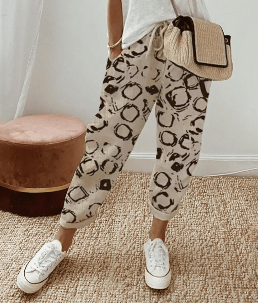 Bedruckte Damenhose mit Kordelzug, lockerer Passform und Taschen