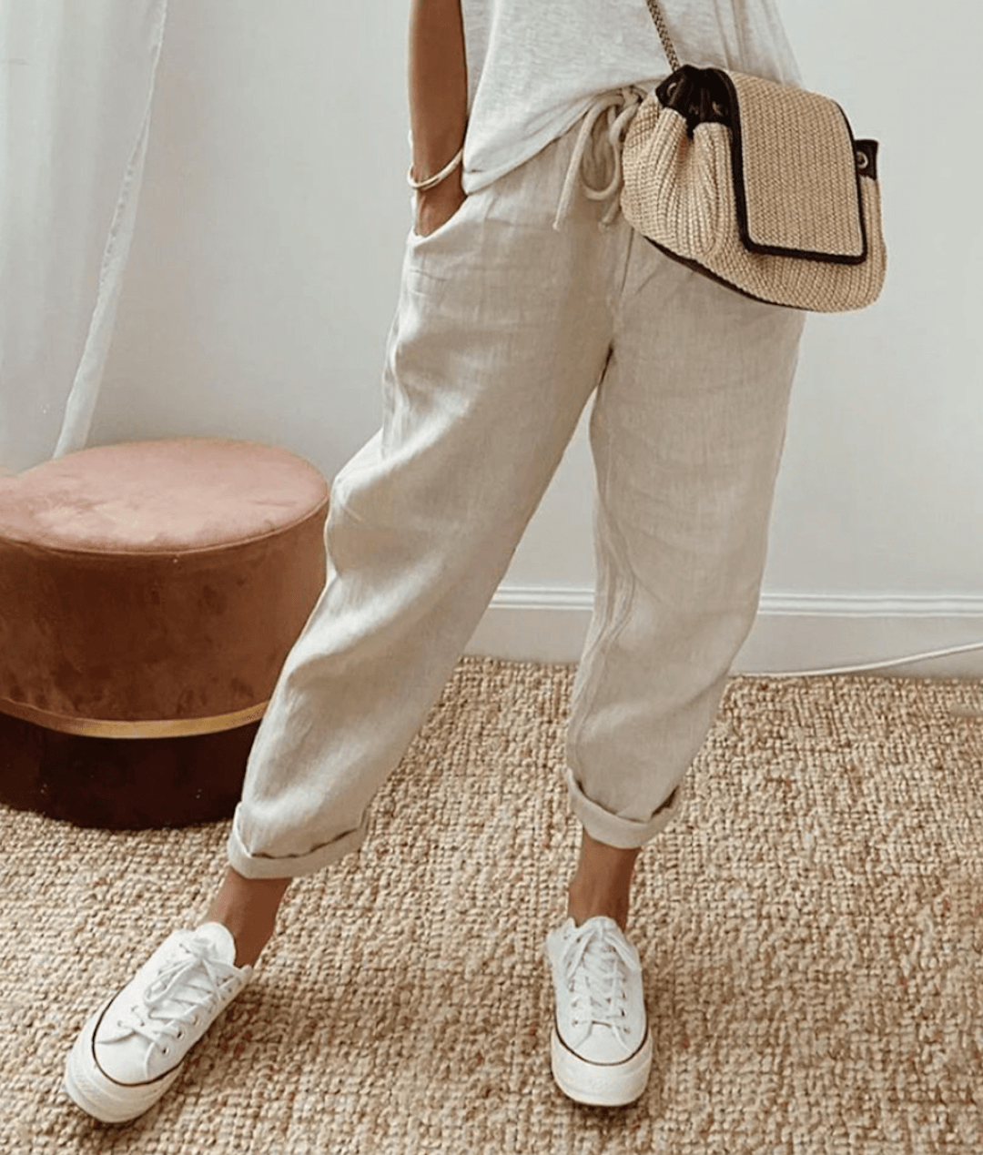 Bedruckte Damenhose mit Kordelzug, lockerer Passform und Taschen