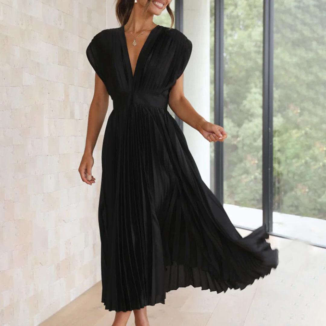 Plissiertes Chiffon-Midikleid für Damen mit tiefem V-Ausschnitt