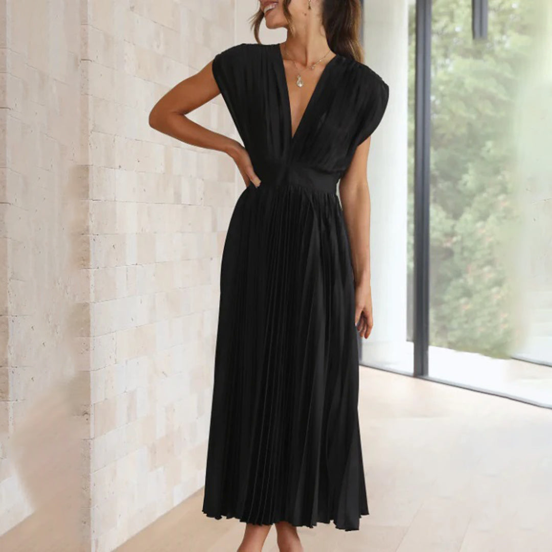Plissiertes Chiffon-Midikleid für Damen mit tiefem V-Ausschnitt
