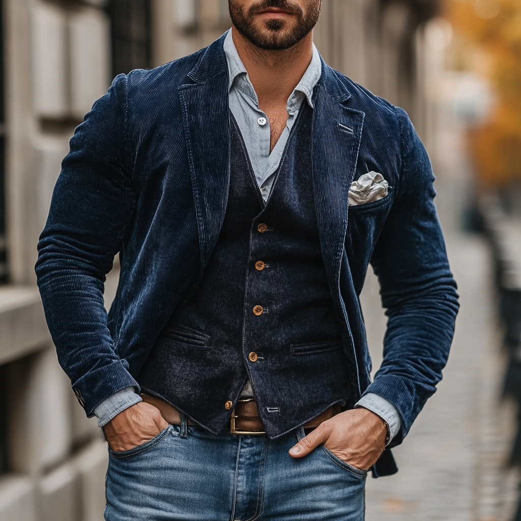 Blazer und Weste für Herren mit gekerbtem Revers und gerippter Textur