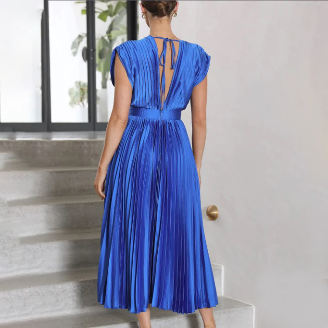 Plissiertes Chiffon-Midikleid für Damen mit tiefem V-Ausschnitt