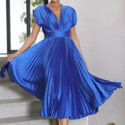 Plissiertes Chiffon-Midikleid für Damen mit tiefem V-Ausschnitt