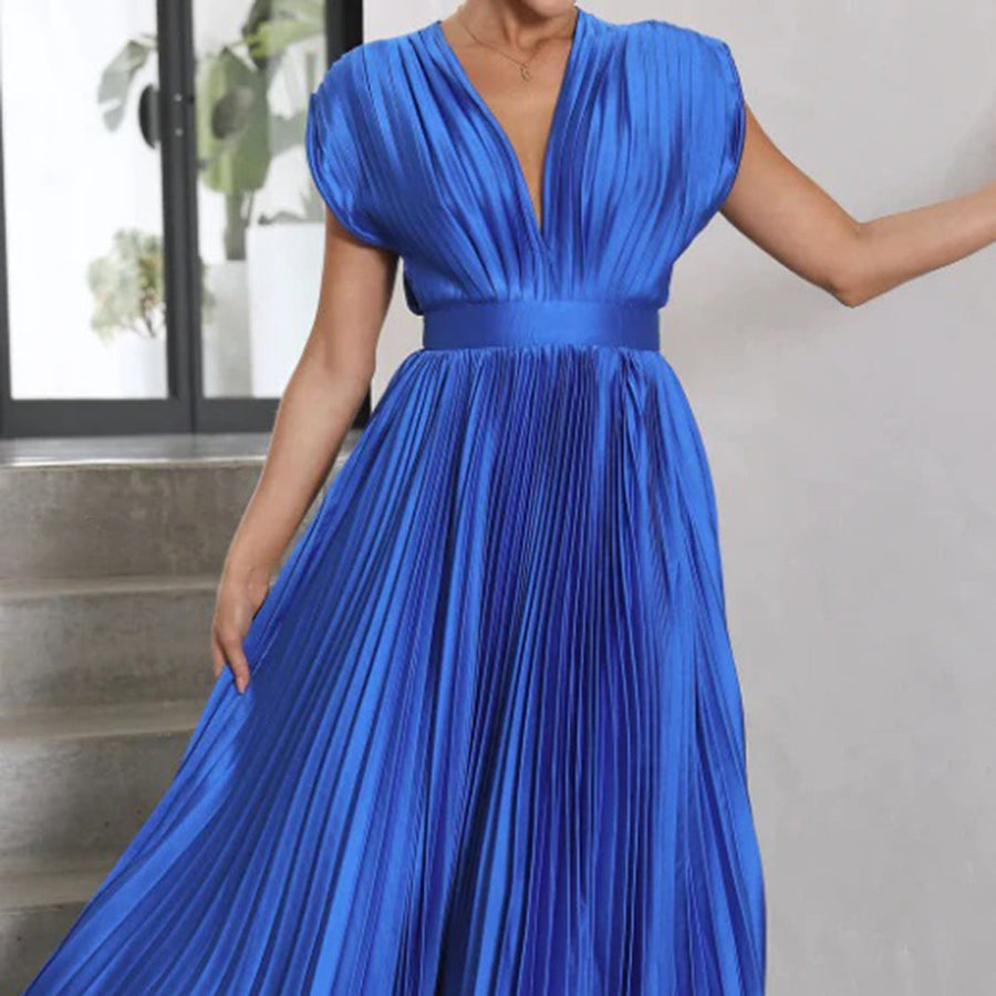 Plissiertes Chiffon-Midikleid für Damen mit tiefem V-Ausschnitt