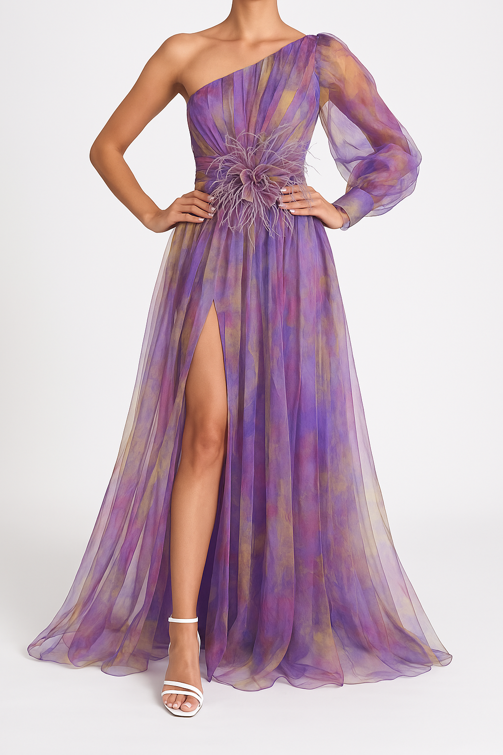 Ein-Schulter-Maxikleid aus Chiffon für Damen mit floralem Überwurf