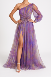 Ein-Schulter-Maxikleid aus Chiffon für Damen mit floralem Überwurf