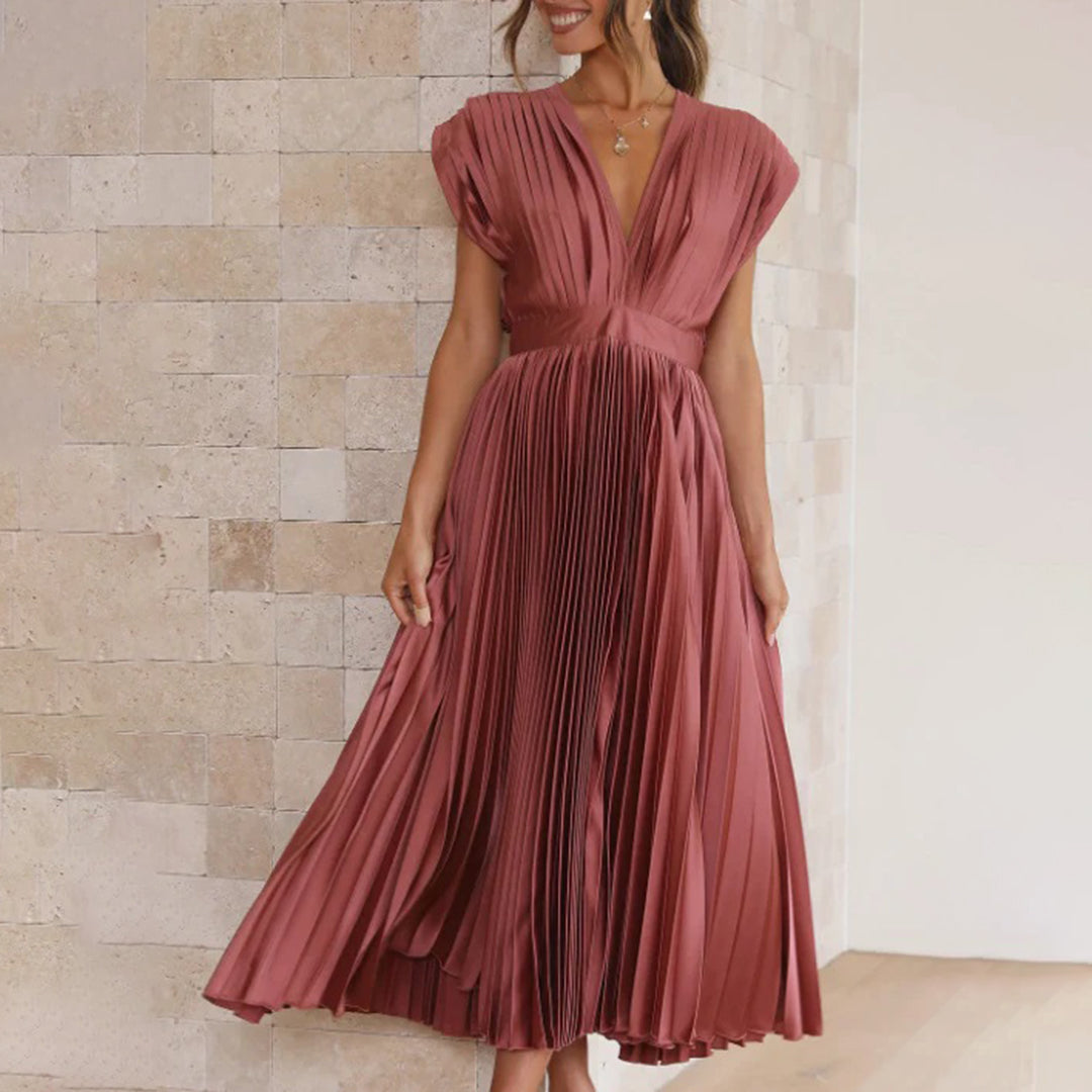 Plissiertes Chiffon-Midikleid für Damen mit tiefem V-Ausschnitt