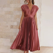 Plissiertes Chiffon-Midikleid für Damen mit tiefem V-Ausschnitt