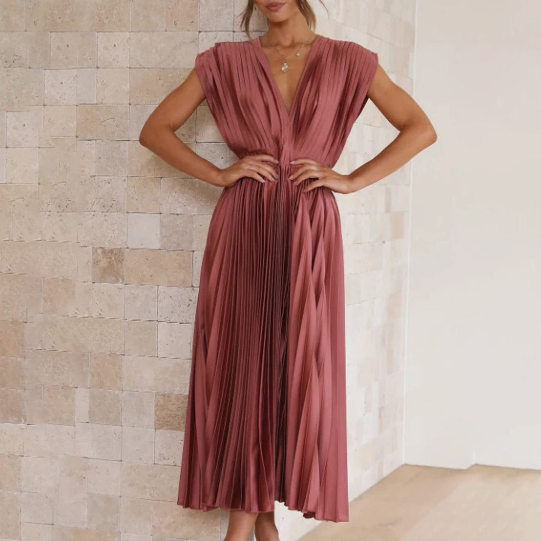 Plissiertes Chiffon-Midikleid für Damen mit tiefem V-Ausschnitt