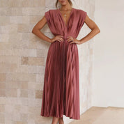Plissiertes Chiffon-Midikleid für Damen mit tiefem V-Ausschnitt
