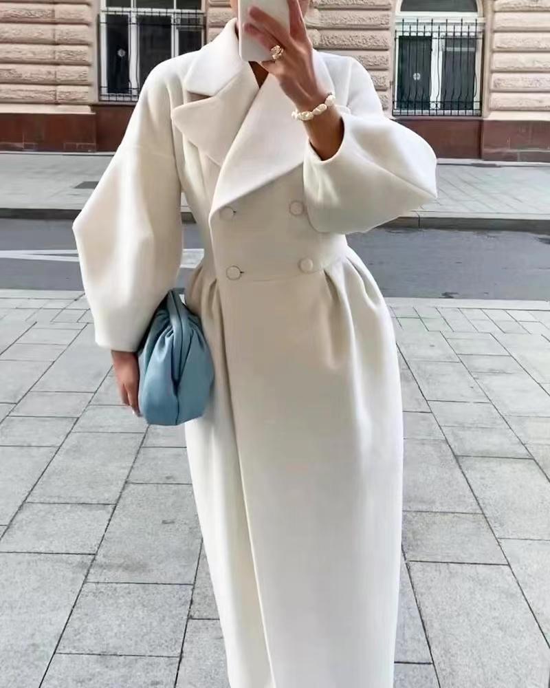Women's double-breasted long coat with lantern sleeves