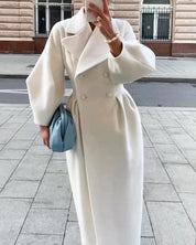 Women's double-breasted long coat with lantern sleeves