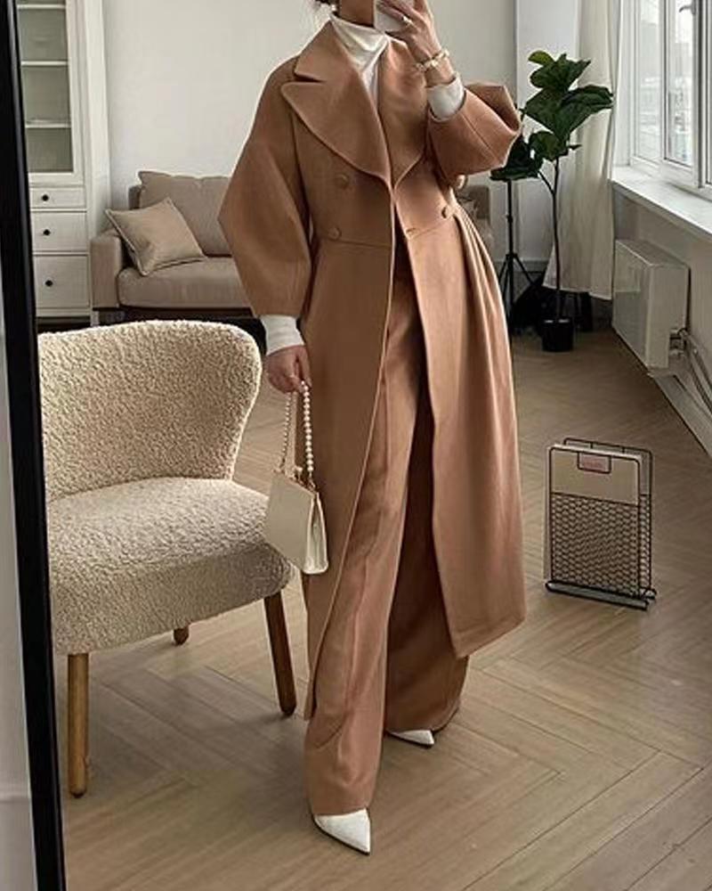 Women's double-breasted long coat with lantern sleeves