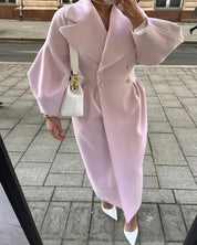 Women's double-breasted long coat with lantern sleeves