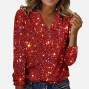 Women's glitter blouse with V-neck and long sleeves