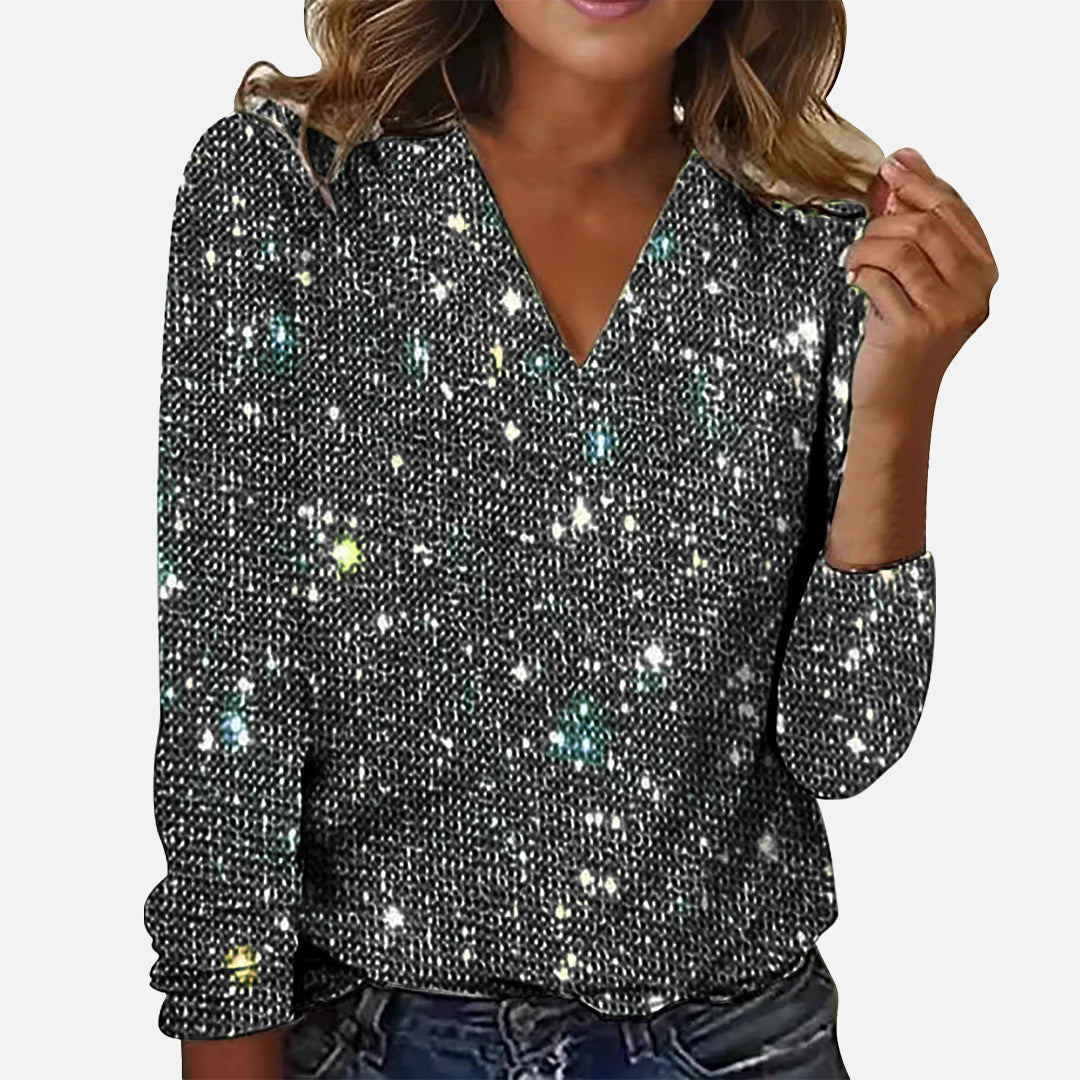 Women's glitter blouse with V-neck and long sleeves