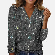 Women's glitter blouse with V-neck and long sleeves