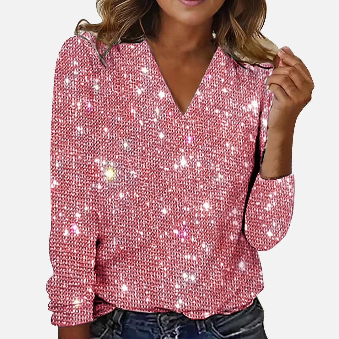 Women's glitter blouse with V-neck and long sleeves