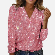 Women's glitter blouse with V-neck and long sleeves