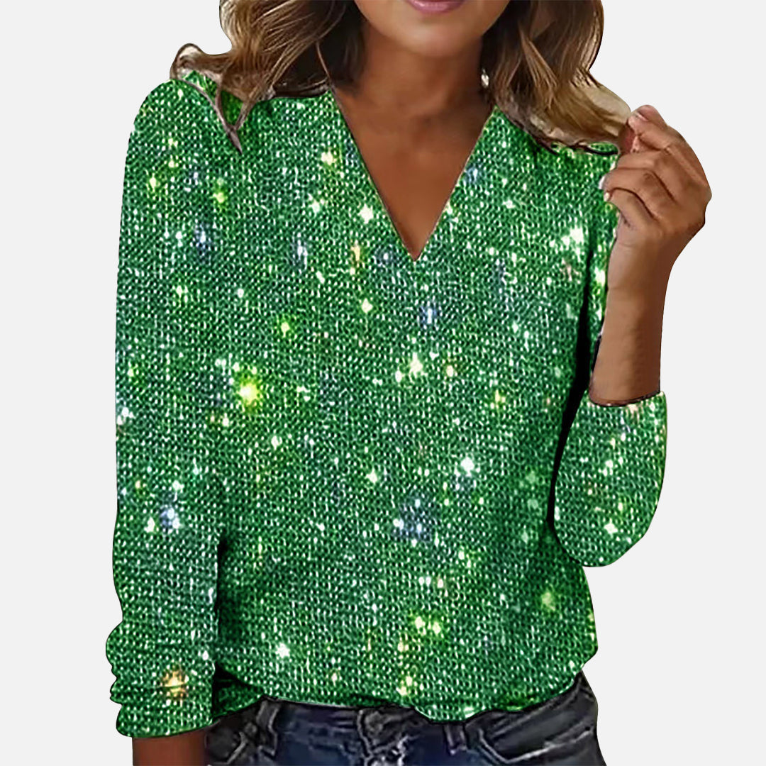 Women's glitter blouse with V-neck and long sleeves