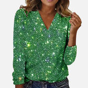 Women's glitter blouse with V-neck and long sleeves