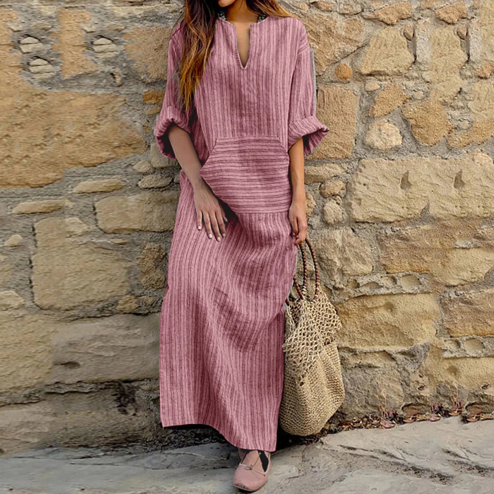 Damen-Maxikleid mit Streifenstruktur und 3/4-Ärmeln