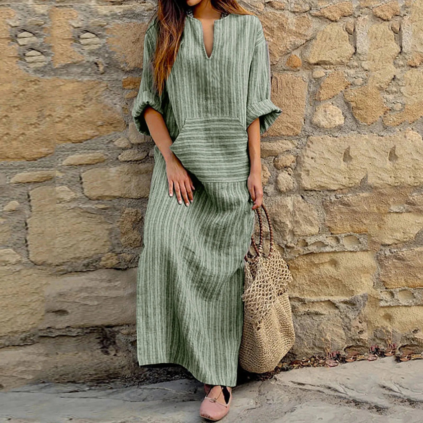 Damen-Maxikleid mit Streifenstruktur und 3/4-Ärmeln
