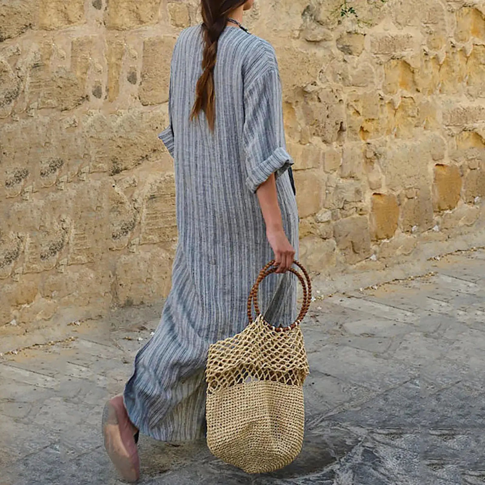 Damen-Maxikleid mit Streifenstruktur und 3/4-Ärmeln