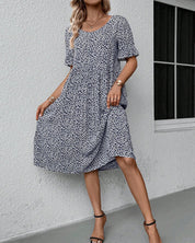 Damen-Midikleid mit Blumenmuster, kurzen Ärmeln und Rundhalsausschnitt