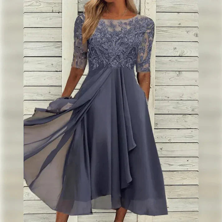 Damen-Midikleid mit Spitzenoberteil und halblangen Ärmeln