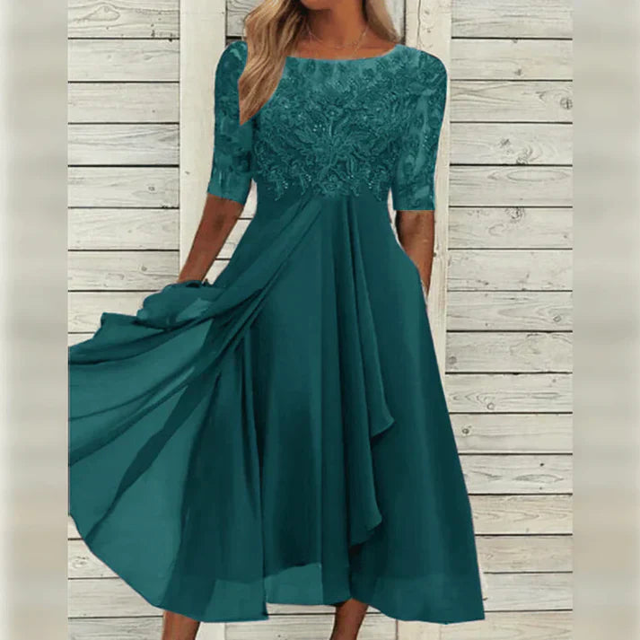 Damen-Midikleid mit Spitzenoberteil und halblangen Ärmeln