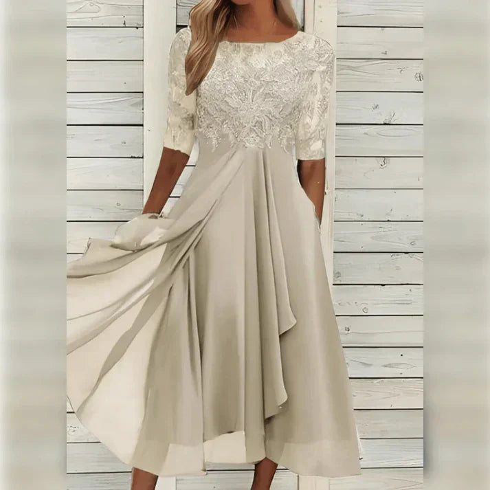 Damen-Midikleid mit Spitzenoberteil und halblangen Ärmeln