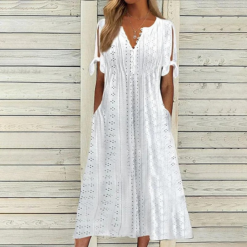 Damen-Midikleid mit kurzen Ärmeln, V-Ausschnitt und Taschen