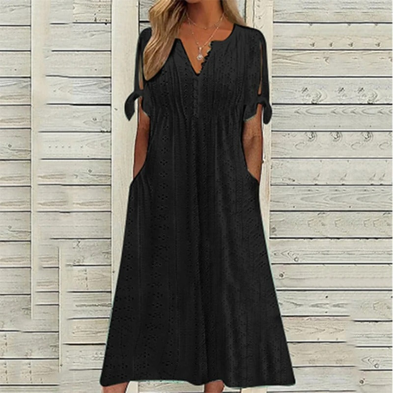 Damen-Midikleid mit kurzen Ärmeln, V-Ausschnitt und Taschen