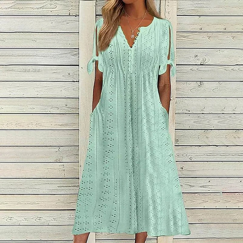 Damen-Midikleid mit kurzen Ärmeln, V-Ausschnitt und Taschen