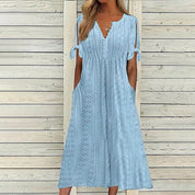 Damen-Midikleid mit kurzen Ärmeln, V-Ausschnitt und Taschen