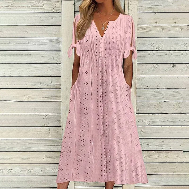 Damen-Midikleid mit kurzen Ärmeln, V-Ausschnitt und Taschen