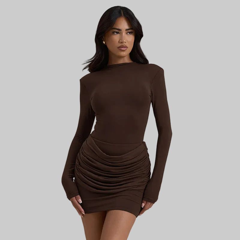 Women's mini dress with round neckline and long sleeves