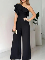 Damen-One-Shoulder-Jumpsuit mit weitem Bein und Rüschendetail